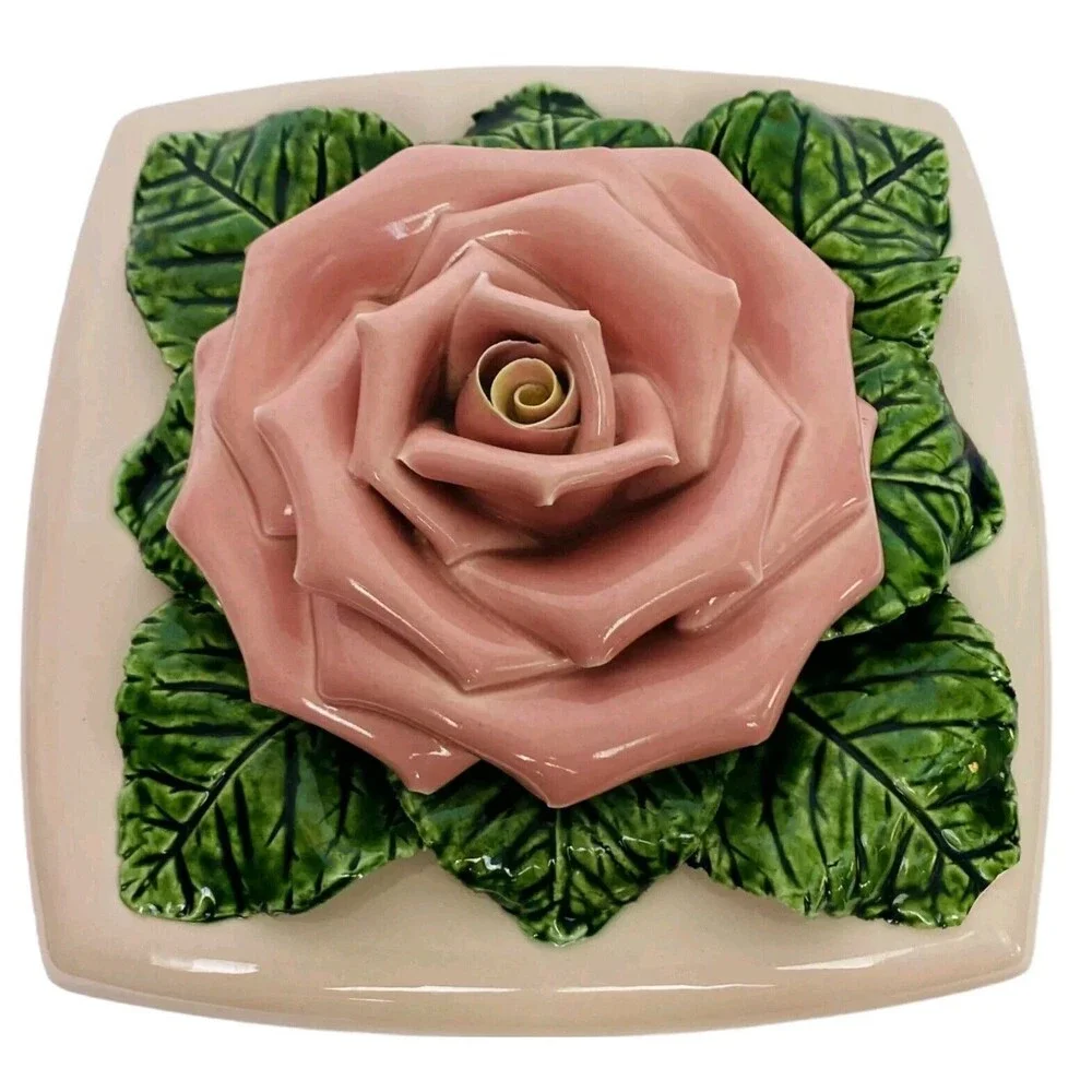Vintage Valley Vista California Pottery Ceramic Lidded Trinket Box Raised Rose